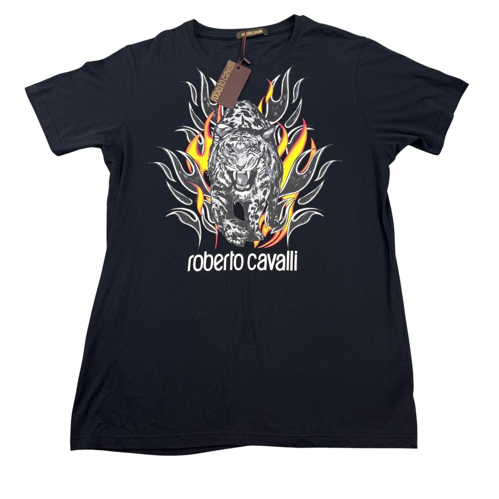 Roberto Cavalli Tiger Flame Graphic T-Shirt Mens‎ XXL Black NEW FST960 A#027
